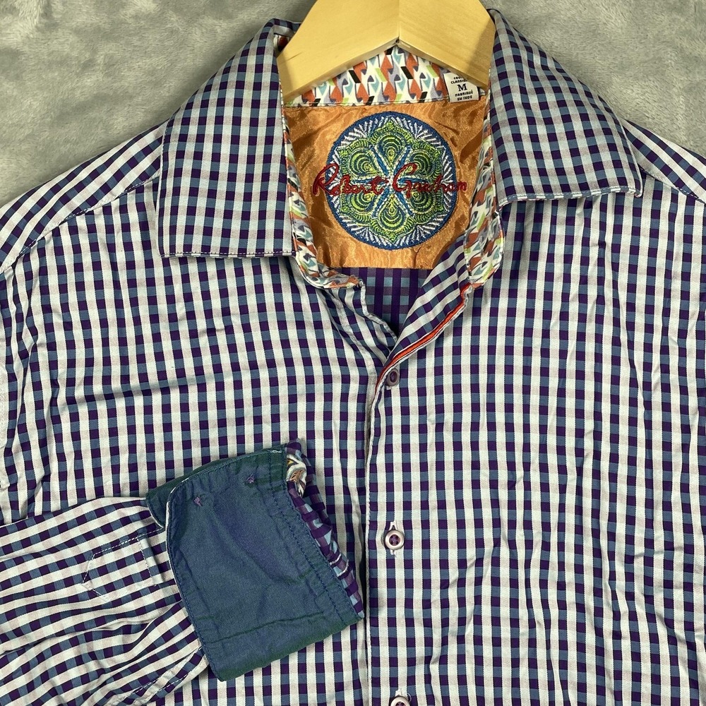 Robert Graham Mens Purple Blue Gingham Check Classic Fit Button Down Shirt M
